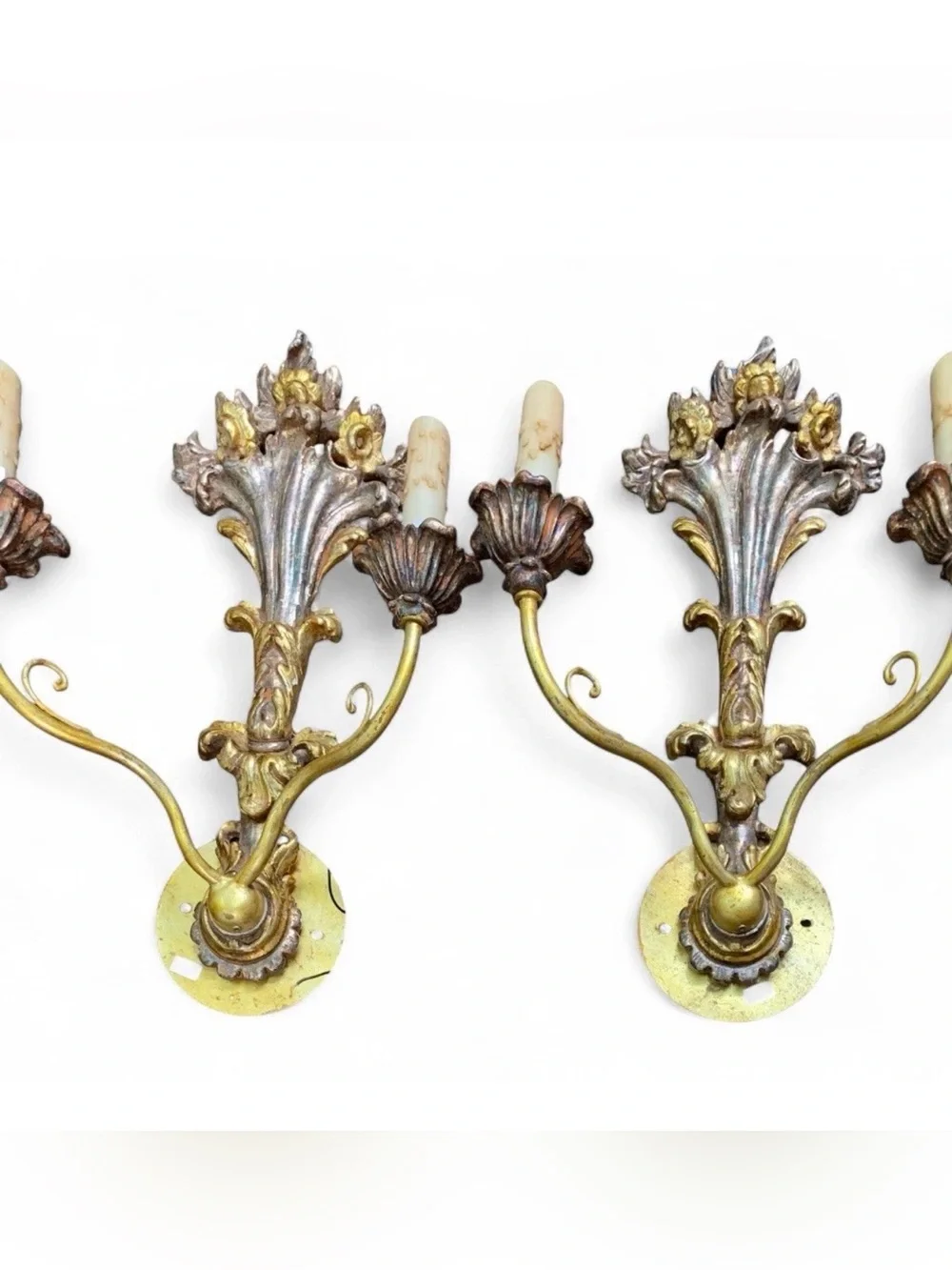 Pair Antique Carved Italian Gilt Gibson & Gibson 2-Arm Wired Wall Sconces